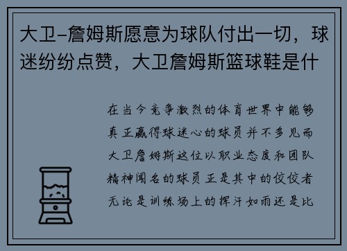 大卫-詹姆斯愿意为球队付出一切，球迷纷纷点赞，大卫詹姆斯篮球鞋是什么意思